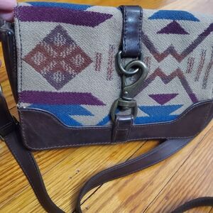 Pendleton Vintage  Geometric Pattern Brown Leather Crossbody Bag